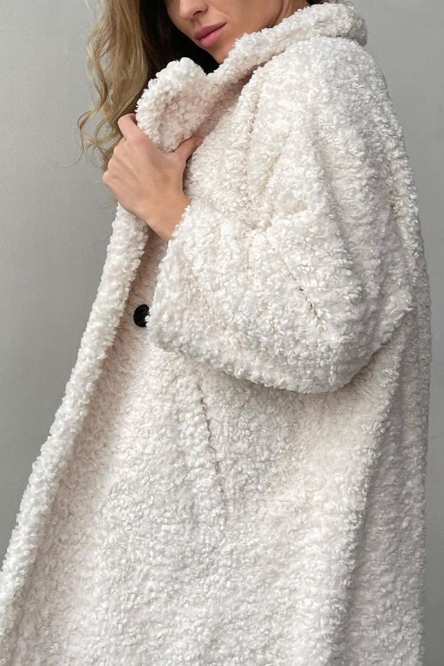 Notch Lapel Teddy Fleece Maxi Coat - Beige - 6