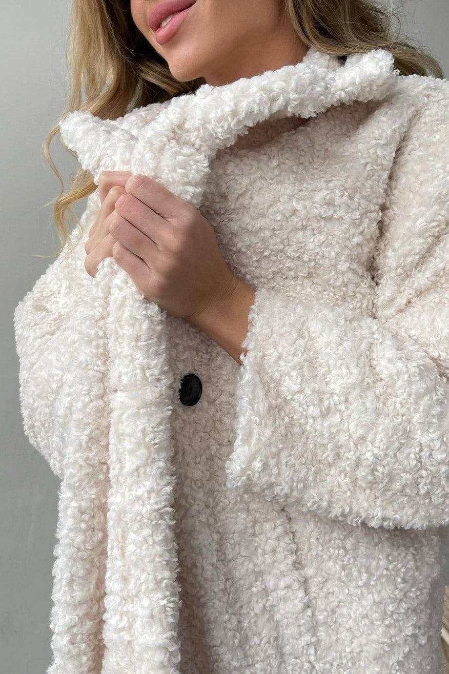 Notch Lapel Teddy Fleece Maxi Coat - Beige - 7