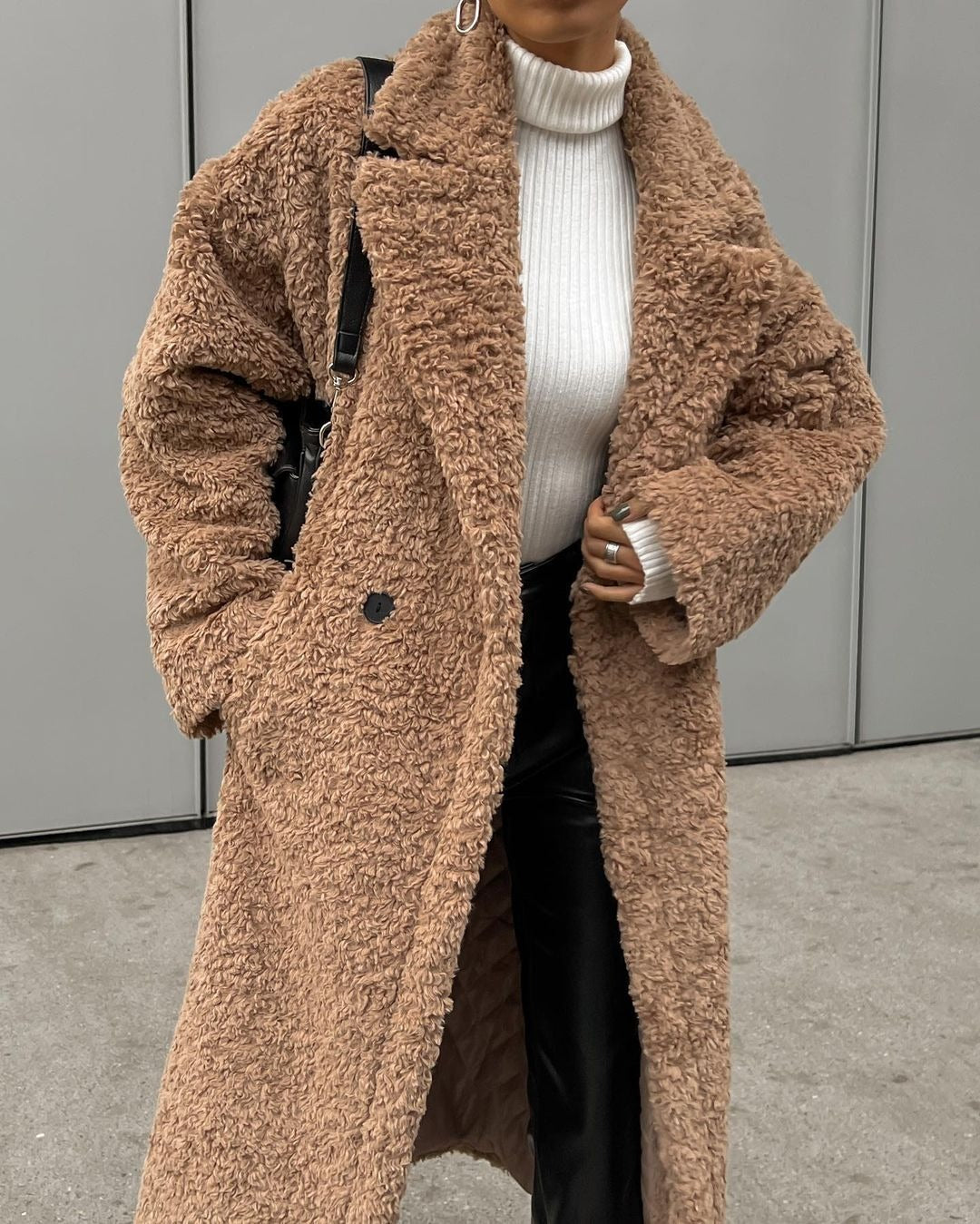 Notch Lapel Teddy Fleece Maxi Coat - Camel