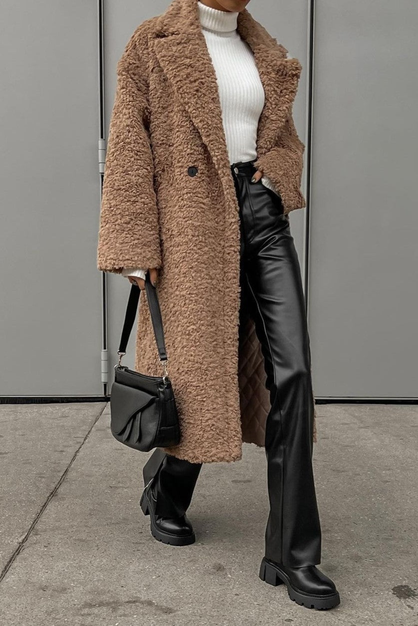 Notch Lapel Teddy Fleece Maxi Coat - Camel - 1