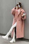 Notch Lapel Teddy Fleece Maxi Coat - Pink