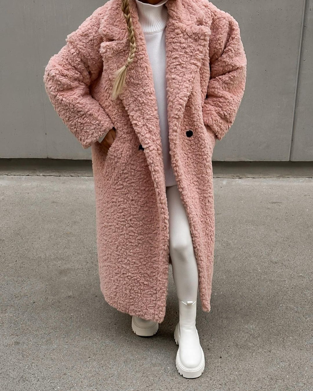 Notch Lapel Teddy Fleece Maxi Coat - Pink - 1