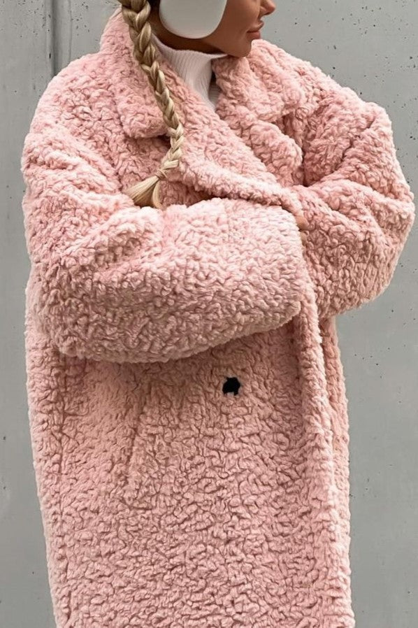 Notch Lapel Teddy Fleece Maxi Coat - Pink - 2