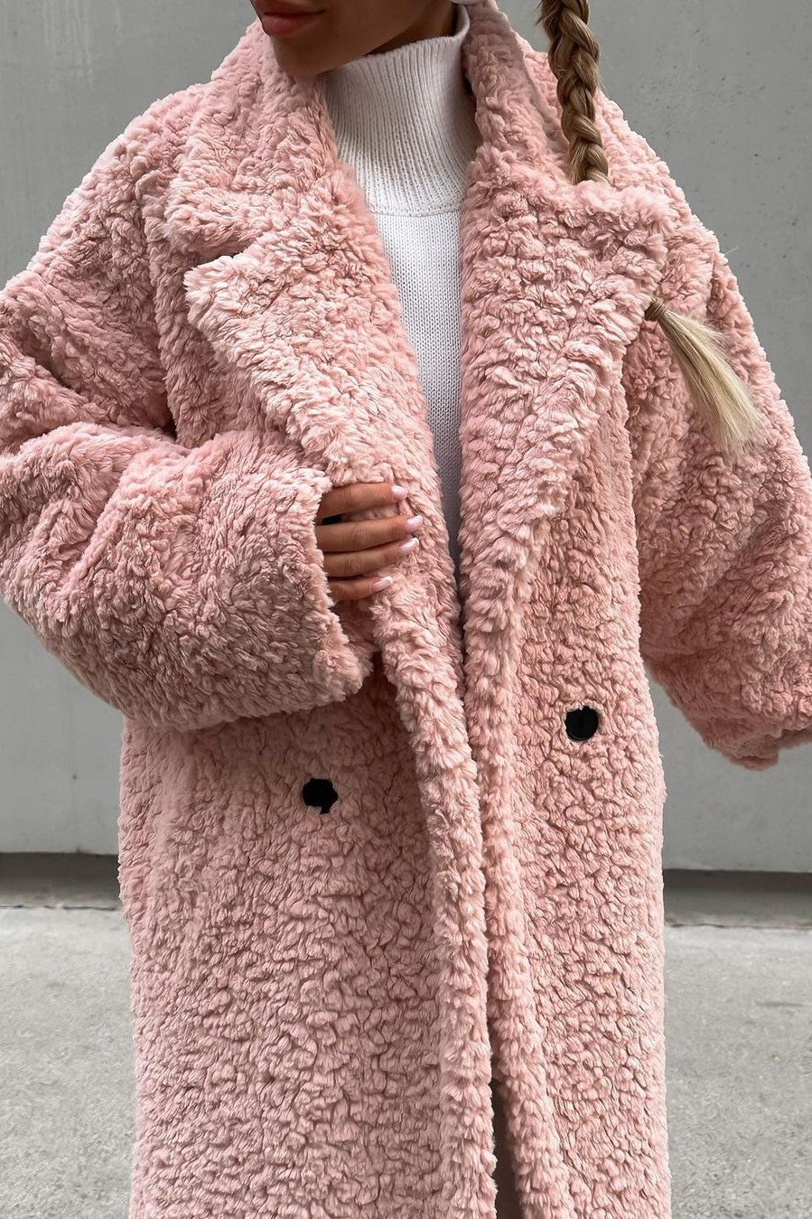 Notch Lapel Teddy Fleece Maxi Coat - Pink - 3