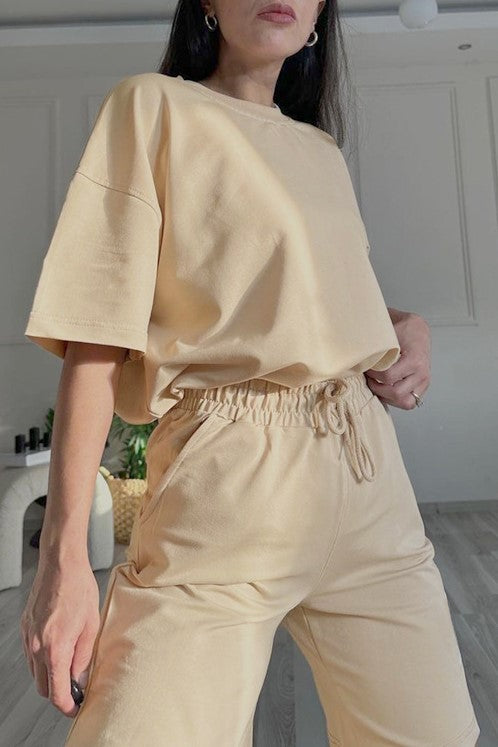 Oversized Tee And Longline Shorts Lounge Set - Beige