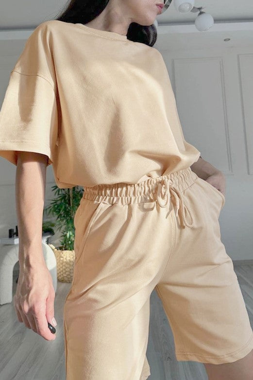 Oversized Tee And Longline Shorts Lounge Set - Beige - 1