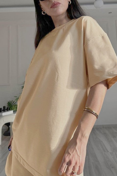 Oversized Tee And Longline Shorts Lounge Set - Beige - 2
