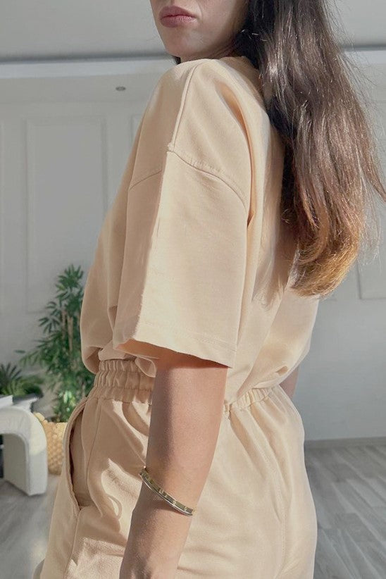 Oversized Tee And Longline Shorts Lounge Set - Beige - 3