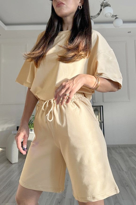 Oversized Tee And Longline Shorts Lounge Set - Beige - 4