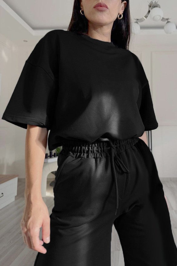 Oversized Tee And Longline Shorts Lounge Set - Black