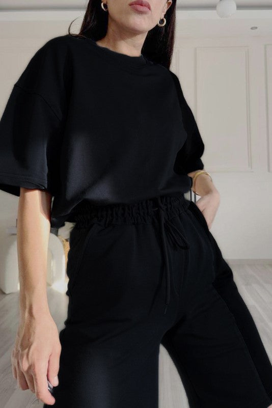 Oversized Tee And Longline Shorts Lounge Set - Black - 1