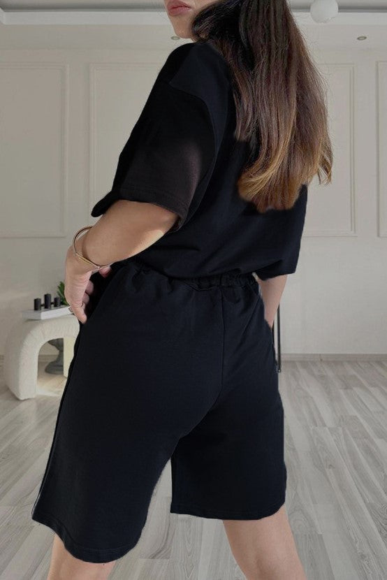 Oversized Tee And Longline Shorts Lounge Set - Black - 2
