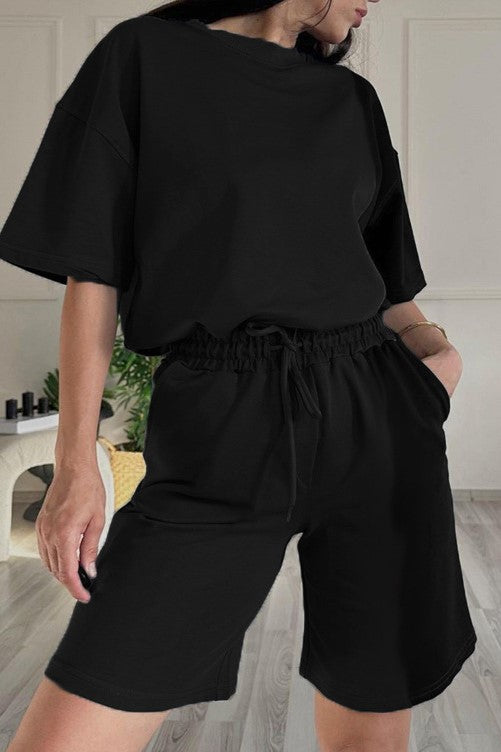 Oversized Tee And Longline Shorts Lounge Set - Black - 4