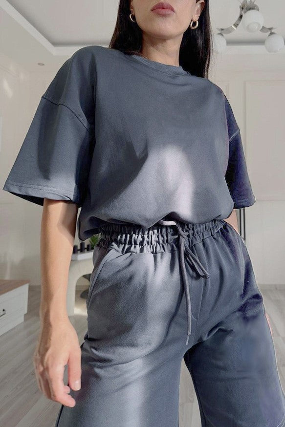 Oversized Tee And Longline Shorts Lounge Set - Blue