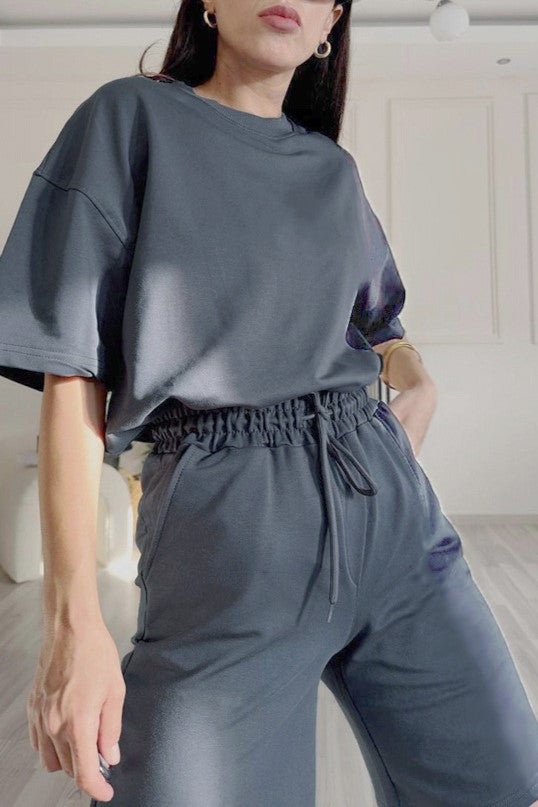 Oversized Tee And Longline Shorts Lounge Set - Blue - 1