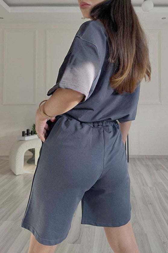 Oversized Tee And Longline Shorts Lounge Set - Blue - 2