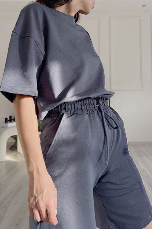 Oversized Tee And Longline Shorts Lounge Set - Blue - 3