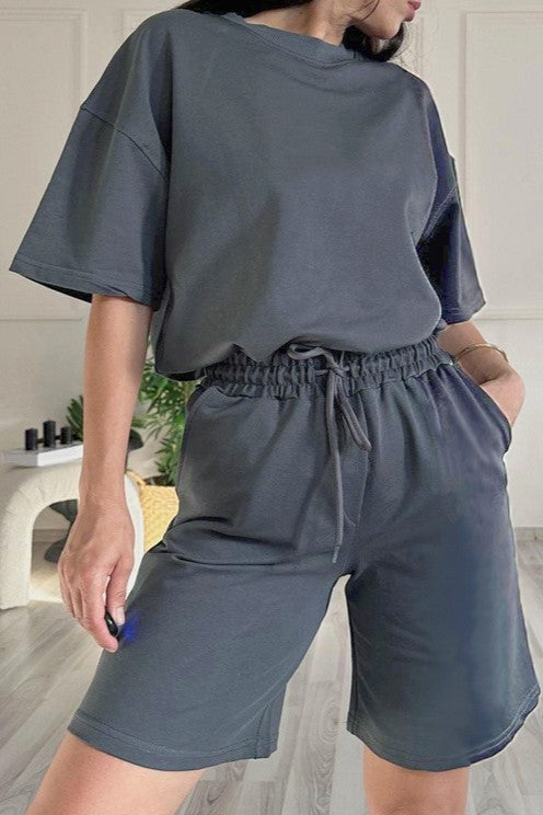Oversized Tee And Longline Shorts Lounge Set - Blue - 4