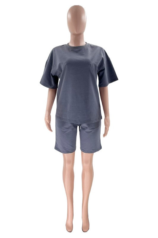 Oversized Tee And Longline Shorts Lounge Set - Blue - 5