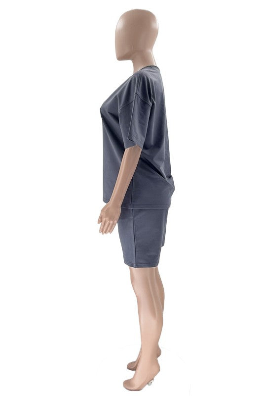 Oversized Tee And Longline Shorts Lounge Set - Blue - 6
