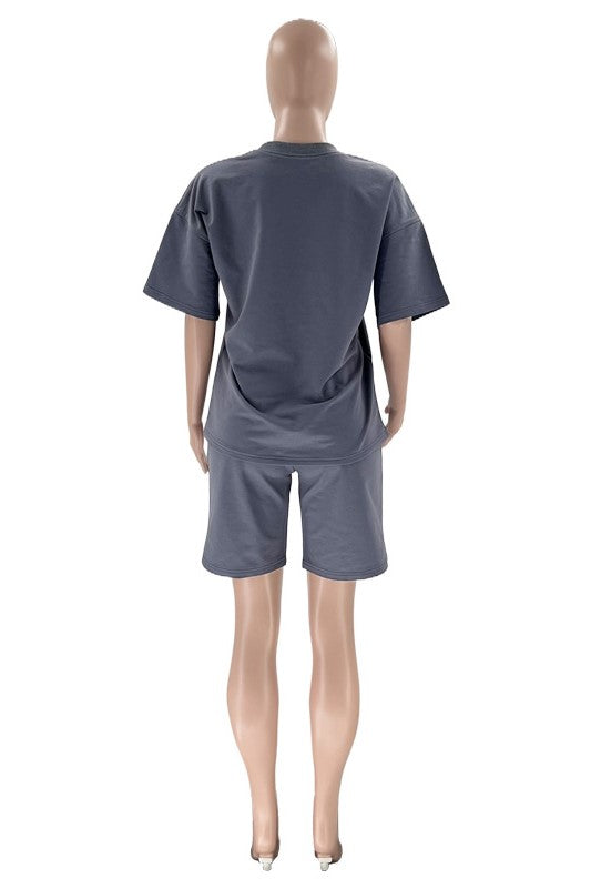 Oversized Tee And Longline Shorts Lounge Set - Blue - 7