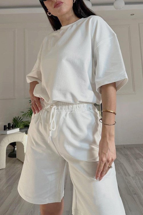 Oversized Tee And Longline Shorts Lounge Set - White - 1