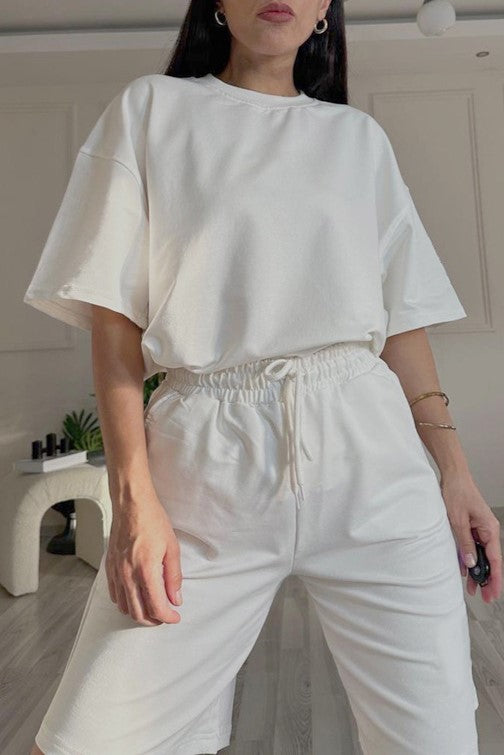 Oversized Tee And Longline Shorts Lounge Set - White - 2