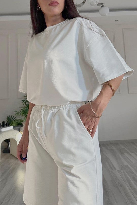 Oversized Tee And Longline Shorts Lounge Set - White - 3