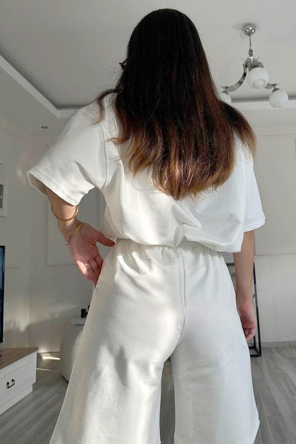 Oversized Tee And Longline Shorts Lounge Set - White - 4
