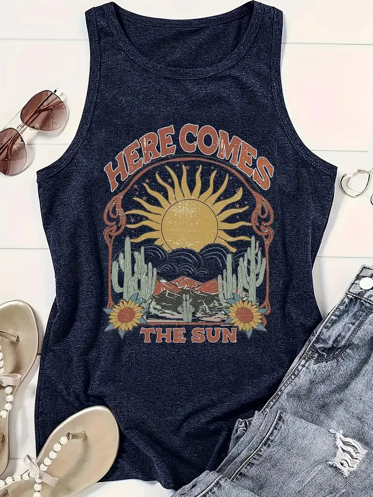 Retro Desert Sunrise Graphic Tank Top - Blue - 1