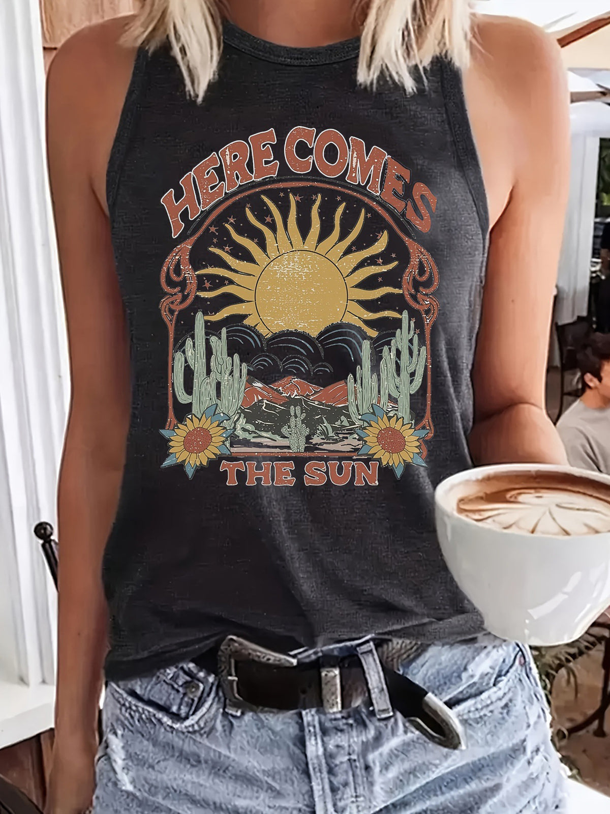 Retro Desert Sunrise Graphic Tank Top - Gray