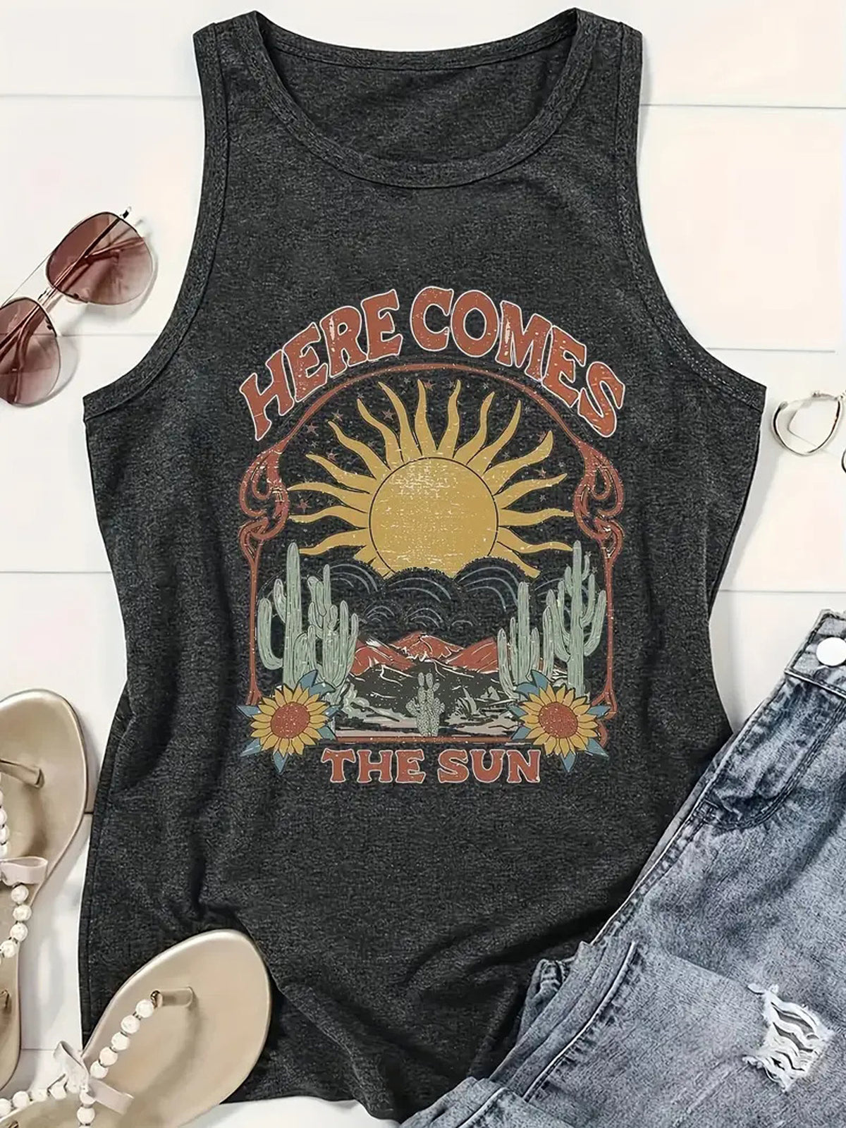 Retro Desert Sunrise Graphic Tank Top - Gray - 2