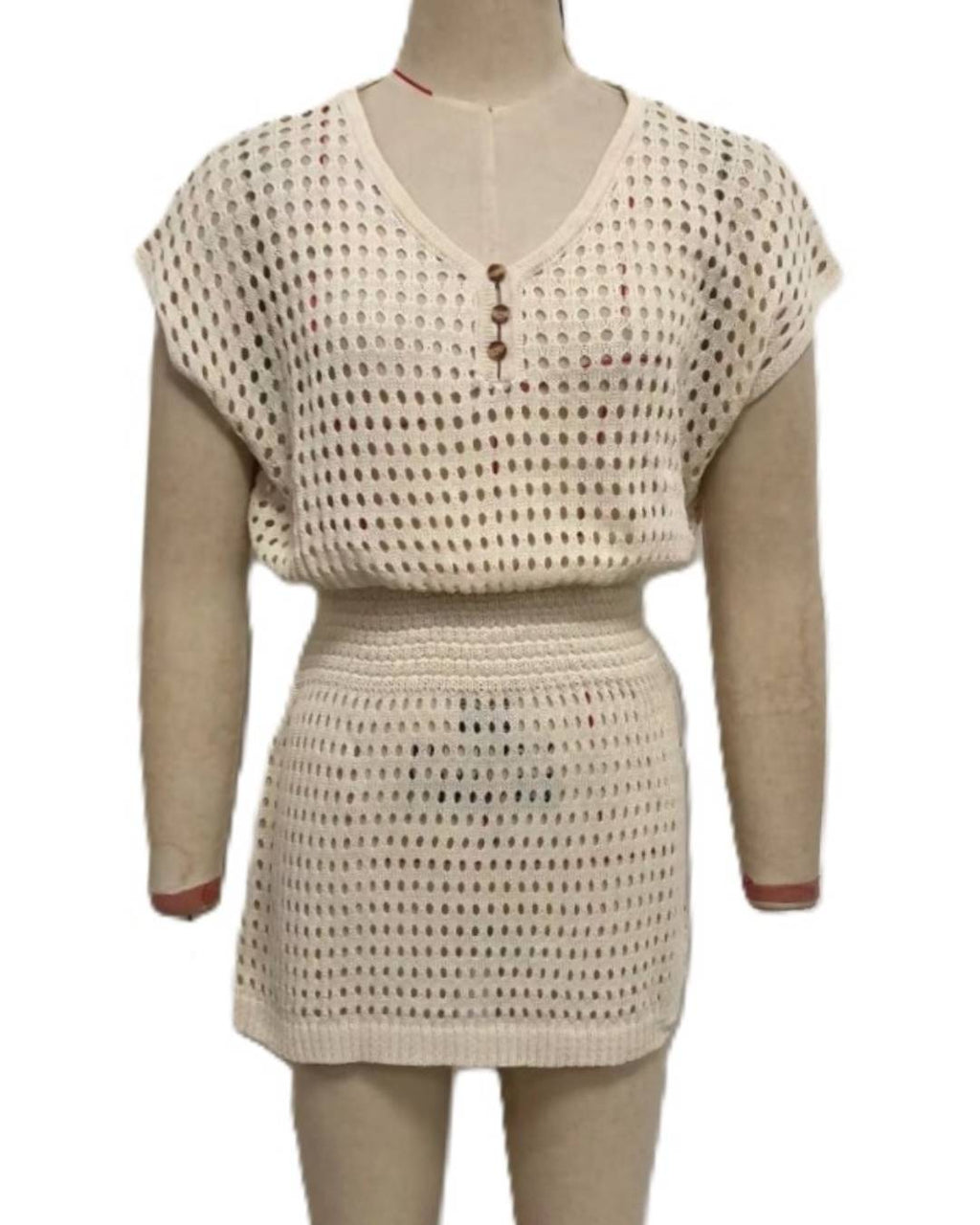 Crochet Button Neck Beach Cover Up Set - Apricot