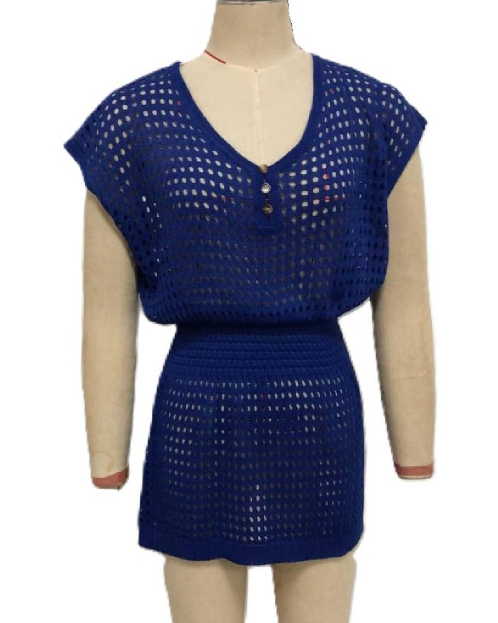 Crochet Button Neck Beach Cover Up Set - Blue