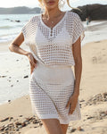 Crochet Button Neck Beach Cover Up Set - White