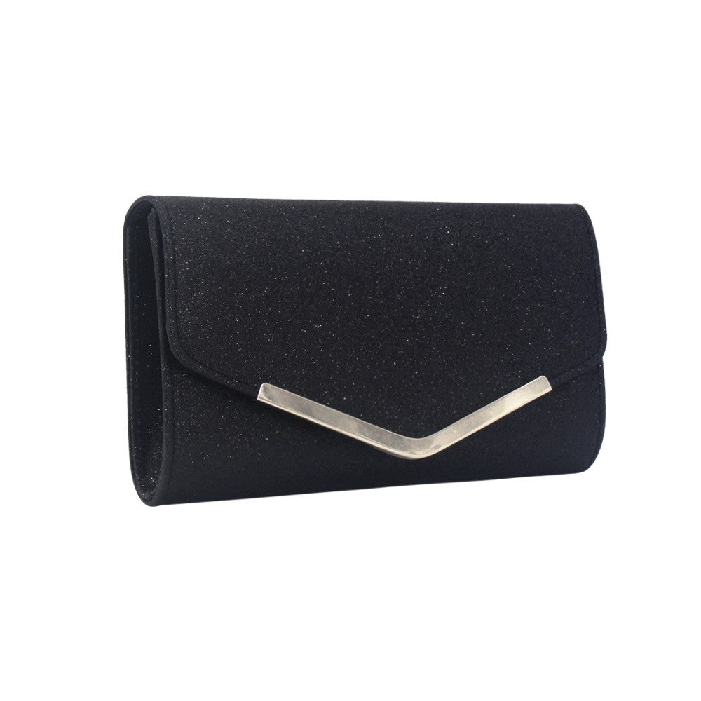 Glitter Envelope Clutch With Chain Strap - Black