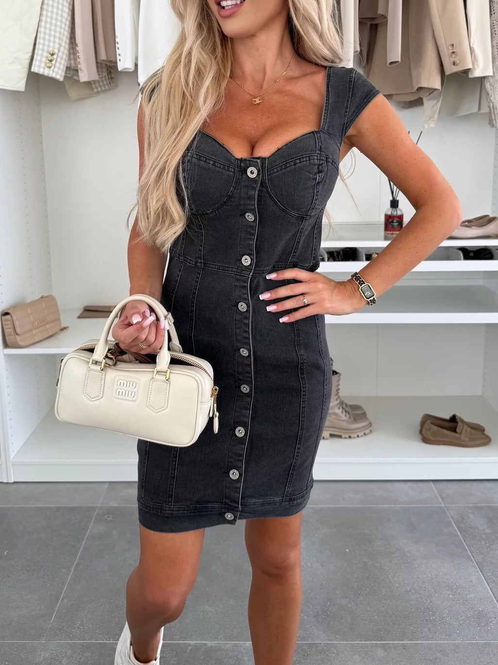 Sweetheart Neck Button Front Denim Mini Dress - Black