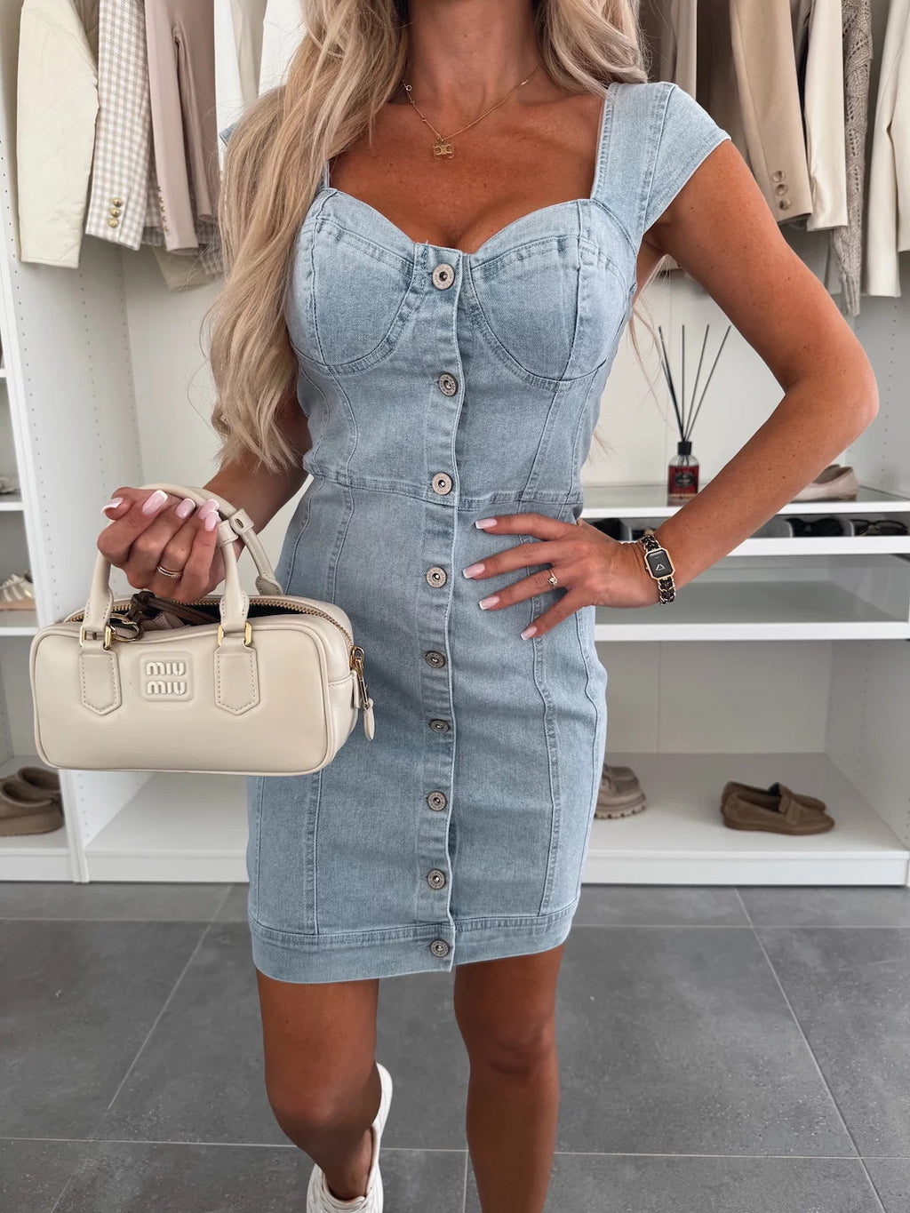 Sweetheart Neck Button Front Denim Mini Dress - Blue