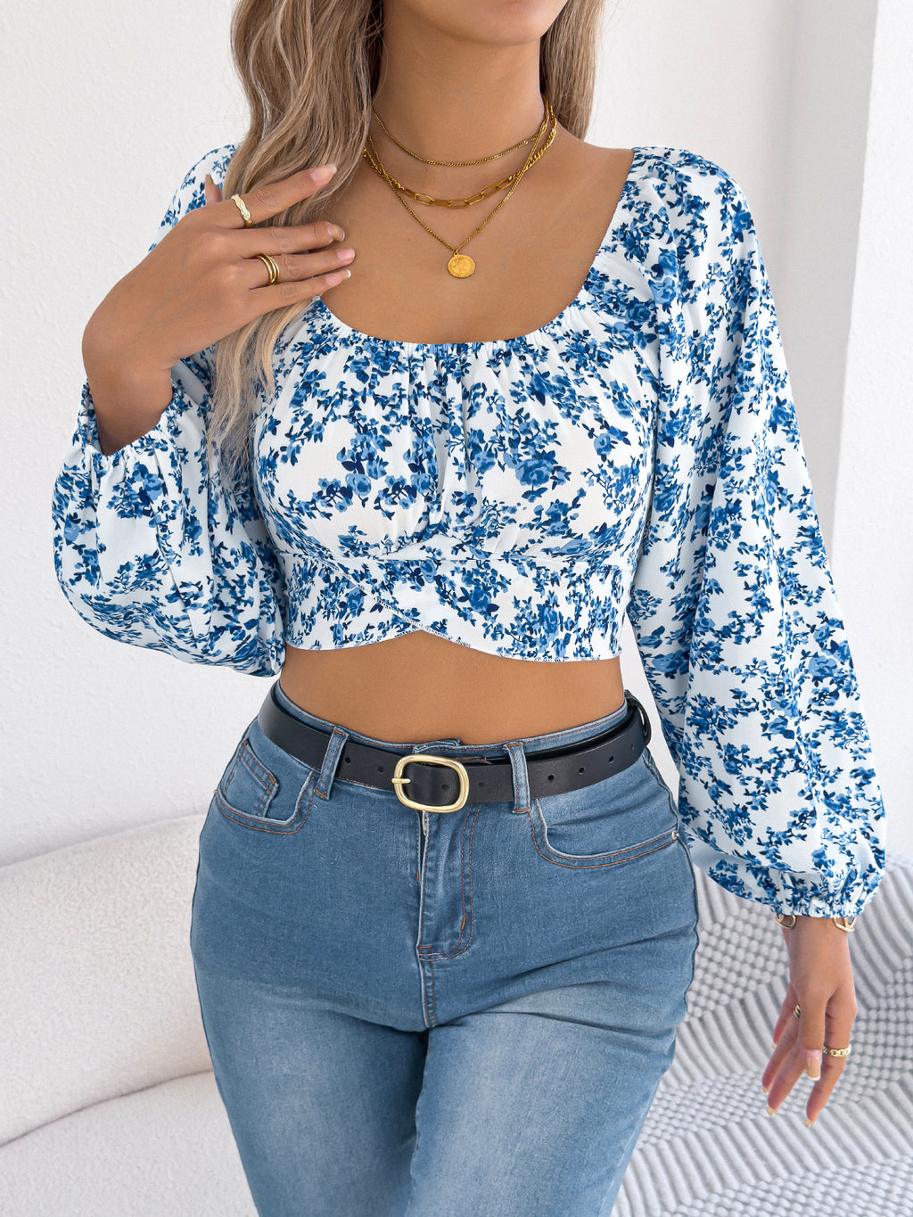 Floral Square Neck Puff Sleeve Crop Blouse - view 1