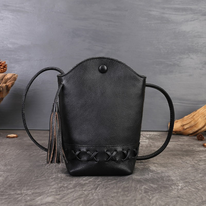 Vintage Leather Tassel Phone Crossbody Bag - Charcoal