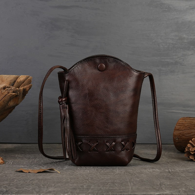 Vintage Leather Tassel Phone Crossbody Bag - Dark Brown