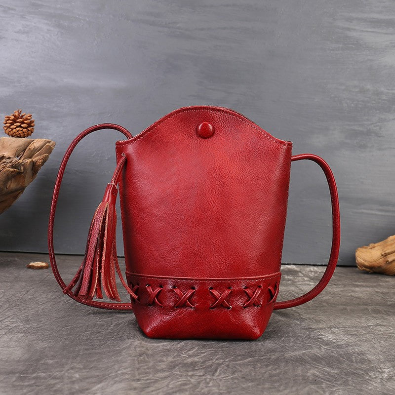 Vintage Leather Tassel Phone Crossbody Bag - Red