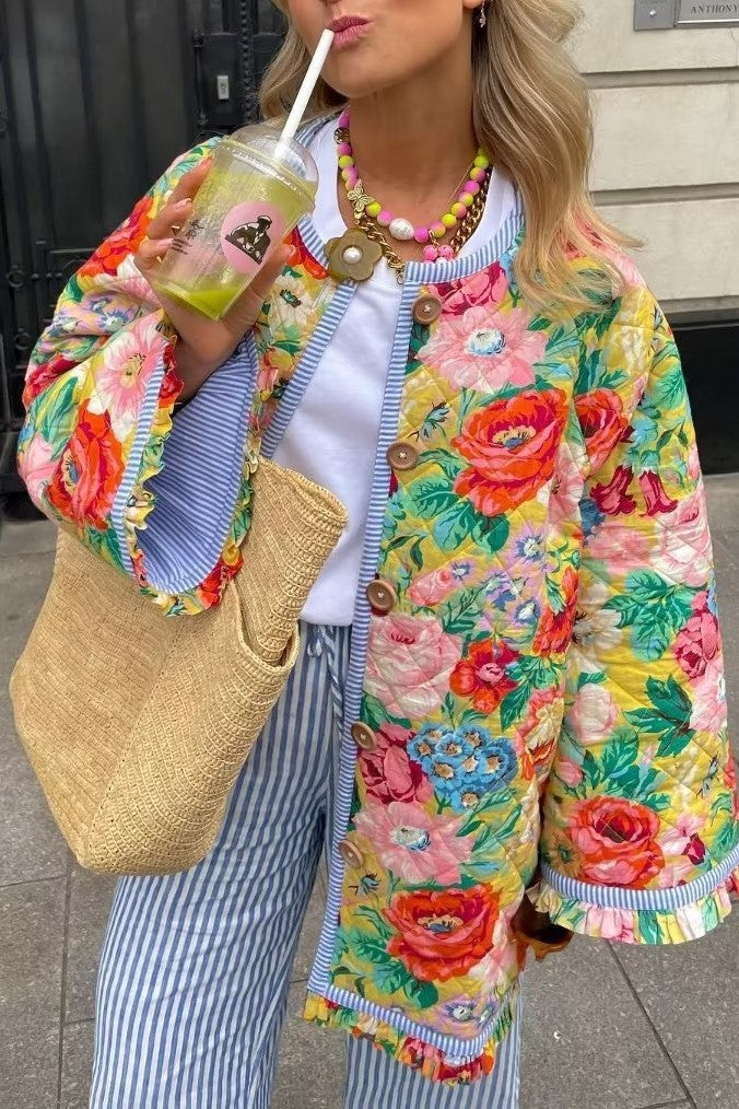 Bold Rose Print Quilted Collarless Jacket - Floral