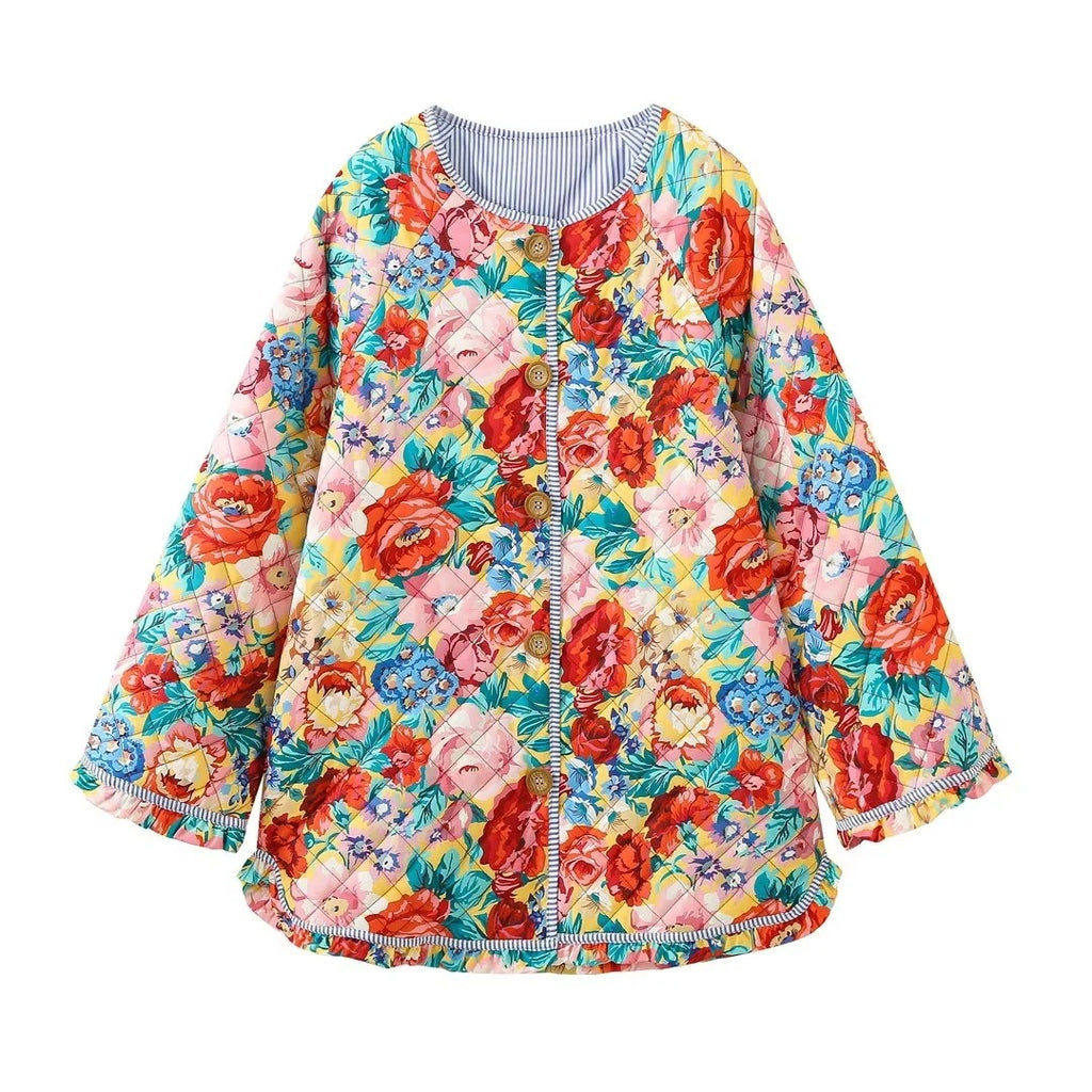 Bold Rose Print Quilted Collarless Jacket - Floral - 1