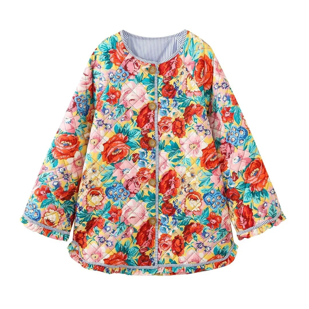 Bold Rose Print Quilted Collarless Jacket - Floral - 1