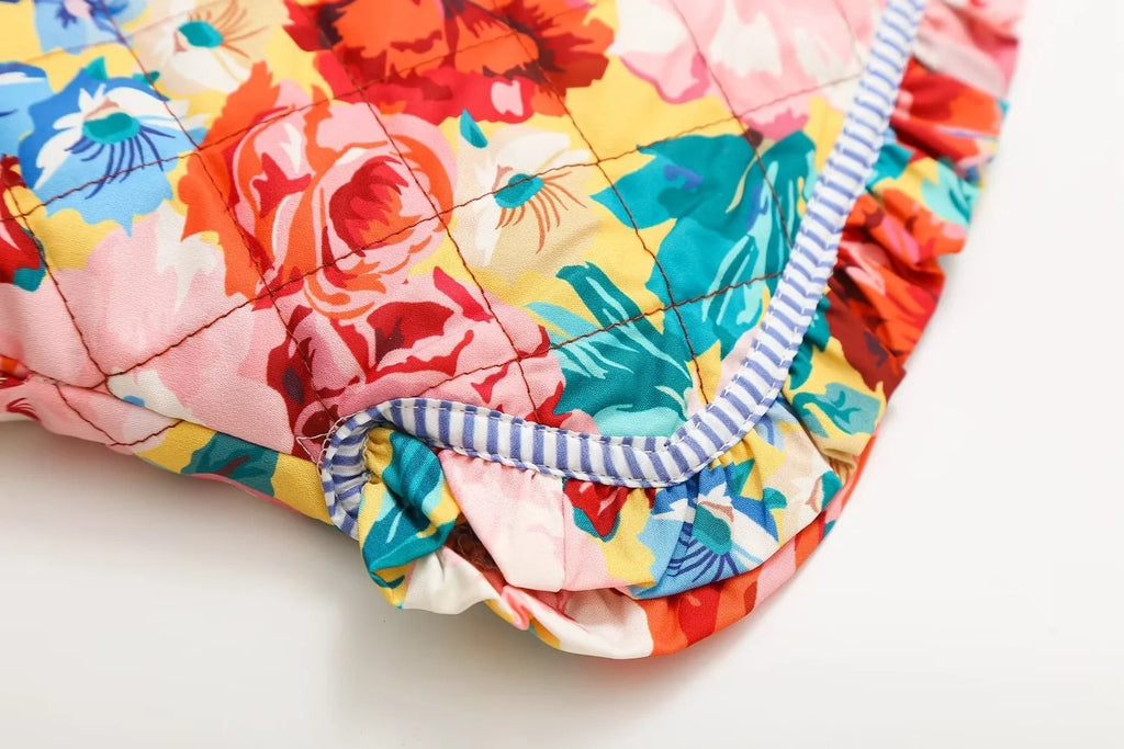 Bold Rose Print Quilted Collarless Jacket - Floral - 12