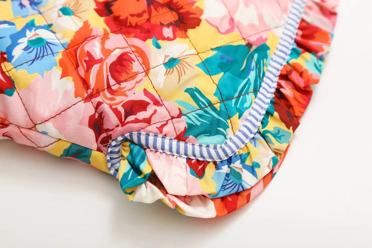 Bold Rose Print Quilted Collarless Jacket - Floral - 12