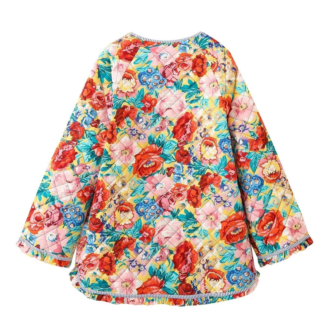 Bold Rose Print Quilted Collarless Jacket - Floral - 2