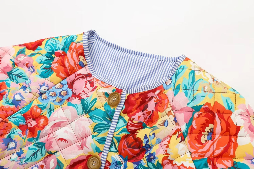 Bold Rose Print Quilted Collarless Jacket - Floral - 3