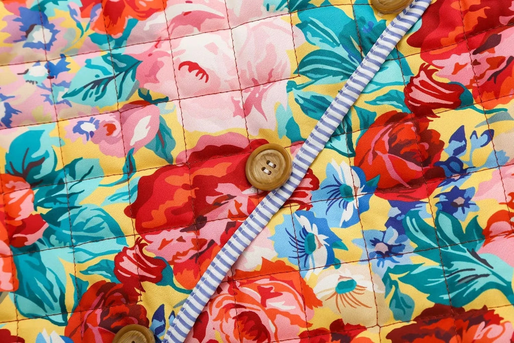 Bold Rose Print Quilted Collarless Jacket - Floral - 5